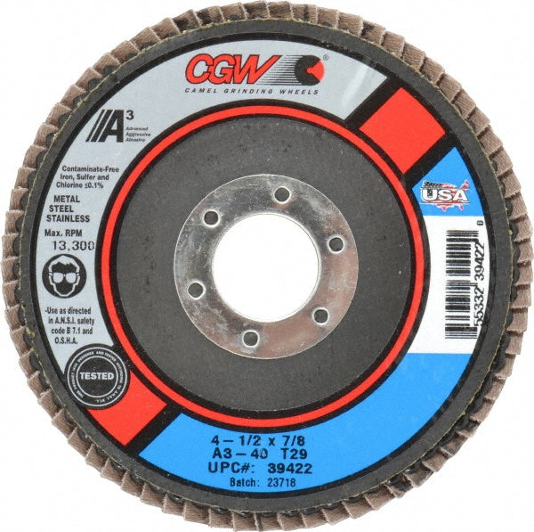 CGW Abrasives 39422 Flap Disc 7/8" Hole, 40 Grit, Aluminum Oxide, Type 29