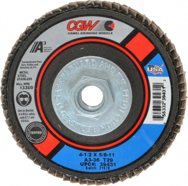 CGW Abrasives 39431 Flap Disc 5/8-11 Hole, 36 Grit, Aluminum Oxide, Type 29
