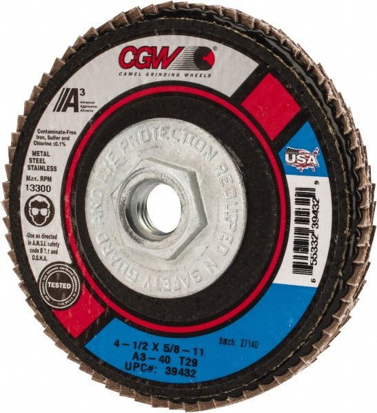 CGW Abrasives 39432 Flap Disc 5/8-11 Hole, 40 Grit, Aluminum Oxide, Type 29