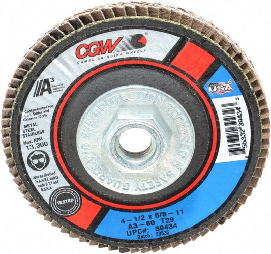 CGW Abrasives 39434 Flap Disc 5/8-11 Hole, 60 Grit, Aluminum Oxide, Type 29