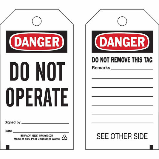 Brady 65367 Do Not Operate Tag Rectangle, Polyester, "Danger"