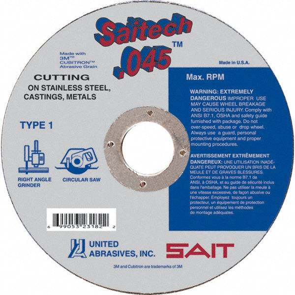 Sait 23174 Cutoff Wheel Type 1 (01/41), 4-1/2" Dia, 0.0450" Thick, 7/8" Hole, Ceramic Aluminum