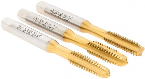 Greenfield Threading 174506 Tap Set 1/4-20 UNC, 4 Flute, Bottoming Plug & Taper, High Speed Steel, TiN Finish