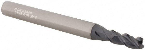 Kyocera SGS Precision Tools 33346 Corner Radius End Mill 3/16" Dia, 9/16" LOC, 0.015" Radius, 3 Flutes, Solid Carbide