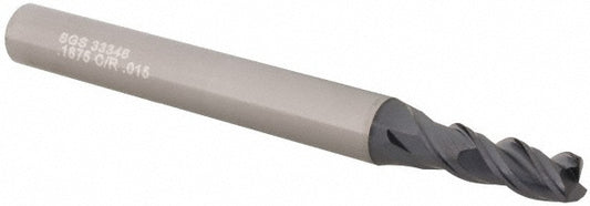 Kyocera SGS Precision Tools 33346 Corner Radius End Mill 3/16" Dia, 9/16" LOC, 0.015" Radius, 3 Flutes, Solid Carbide