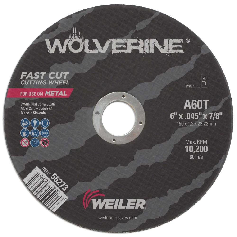 Weiler 56273 Cutoff Wheel Type 1 (01/41), 6" Dia, 0.0450" Thick, 7/8" Hole, Aluminum Oxide