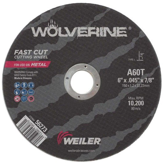 Weiler 56273 Cutoff Wheel Type 1 (01/41), 6" Dia, 0.0450" Thick, 7/8" Hole, Aluminum Oxide