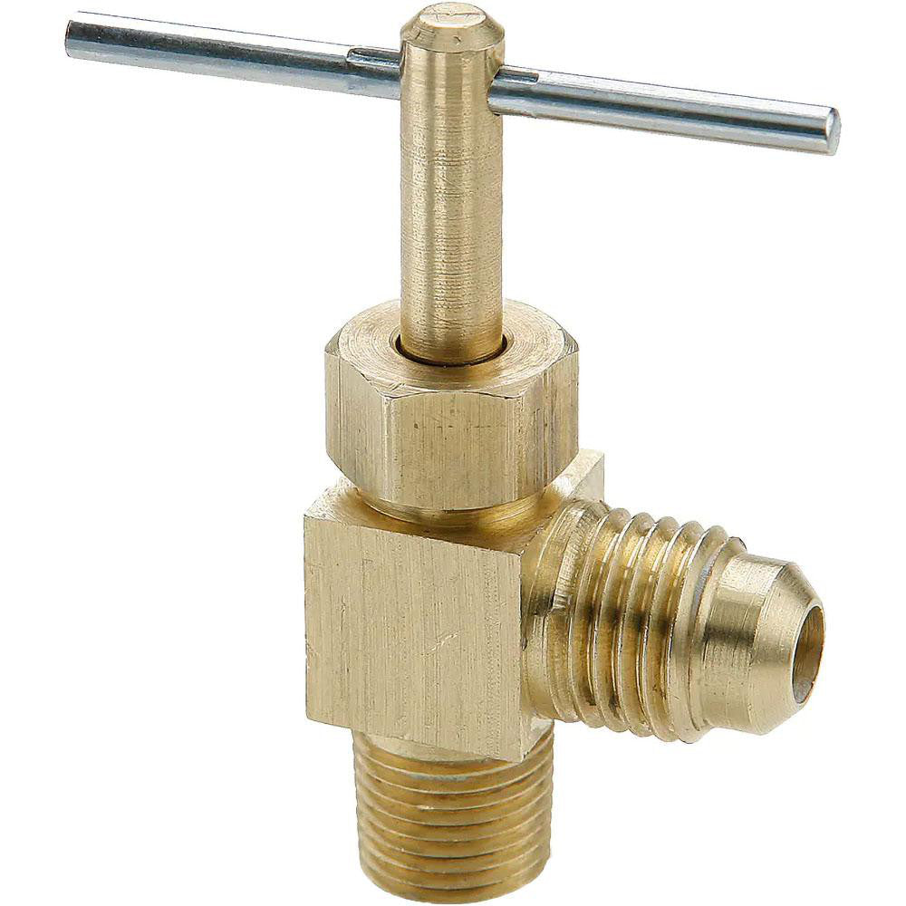 Parker NV101F-4-2 Needle Valve Angled, 1/4 x 1/8" Pipe, Flare x MNPTF End, Brass Body
