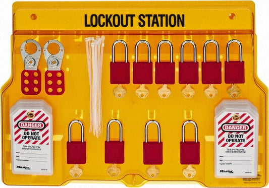 Master Lock 1483BP410 Padlock Lockout Station Equipped, 10 Max Locks, Polycarbonate Station