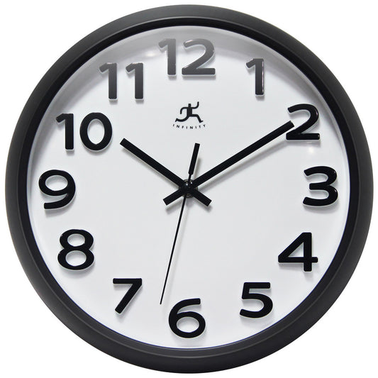 Infinity Instruments 20296BK-WH Office Wall Clocks Clock Type Dial  Display Type Analog  Power Source Battery  Clock Movement Control Quartz  Face Diameter 9.0000 (Decimal Inch) Face Color White