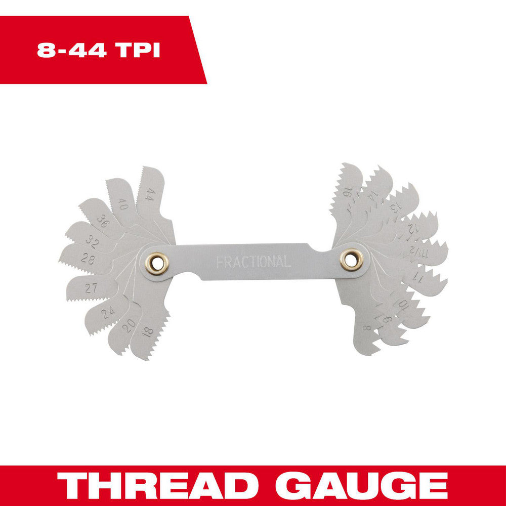 Milwaukee Tool 49-57-5011 Screw Pitch Gages Measurement Type SAE  Threads per Inch Range 8 - 28  Thread Angle (Degrees) 60.00  Number of Leaves 18  For Thread Location External Internal  Material Steel