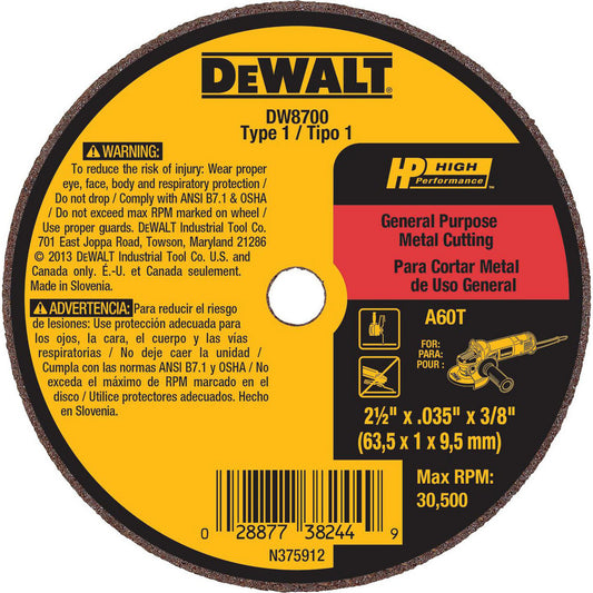 DeWALT DW8700 Cut-Off Wheel  Type 1 (01/41),  2-1/2" Dia,  Aluminum Oxide
