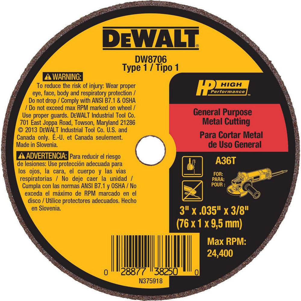 DeWALT DW8706 Cut-Off Wheel  Type 1 (01/41),  3" Dia,  Aluminum Oxide