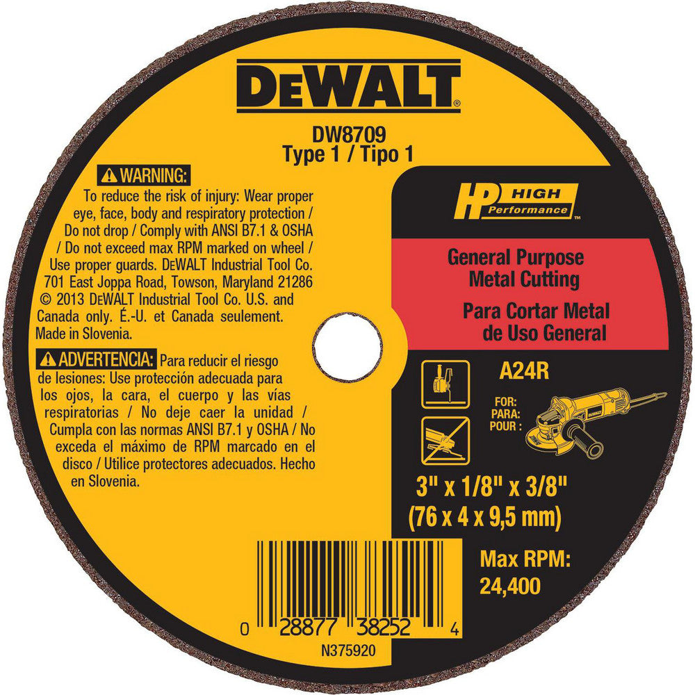 DeWALT DW8709 Cut-Off Wheel  Type 1 (01/41),  3" Dia,  Aluminum Oxide