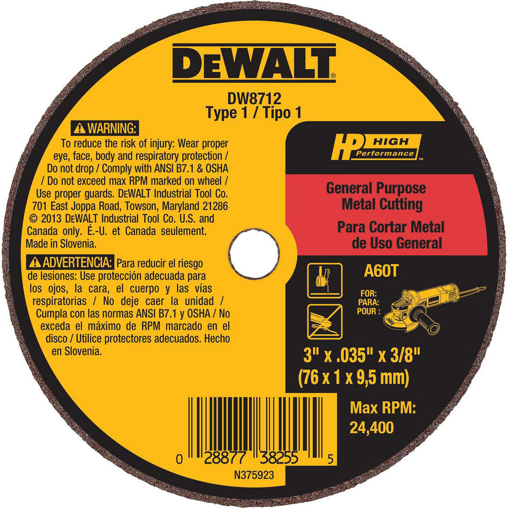 DeWALT DW8712 Cut-Off Wheel  Type 1 (01/41),  3" Dia,  Aluminum Oxide