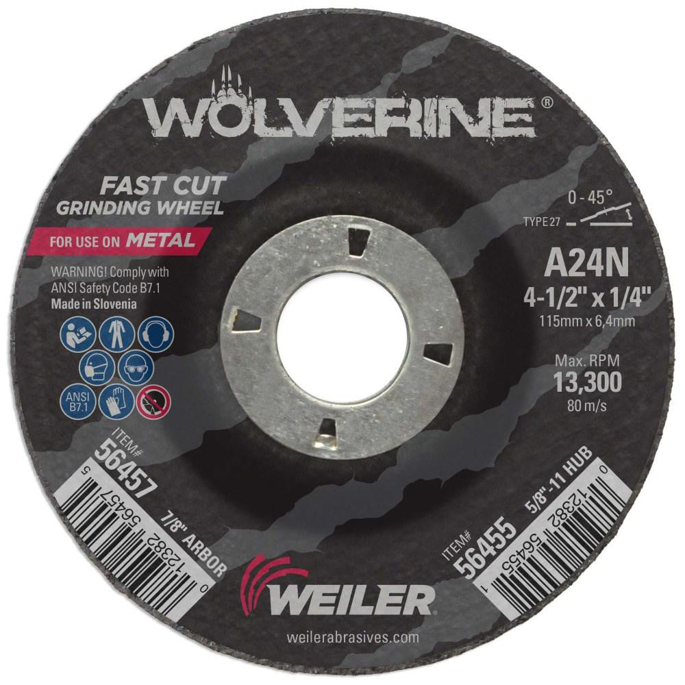 Weiler 56457 Depressed-Center Wheel Type 27, 4-1/2" Dia, 1/4" Thick, 7/8" Hole, Aluminum Oxide