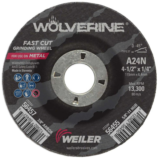 Weiler 56457 Depressed-Center Wheel Type 27, 4-1/2" Dia, 1/4" Thick, 7/8" Hole, Aluminum Oxide