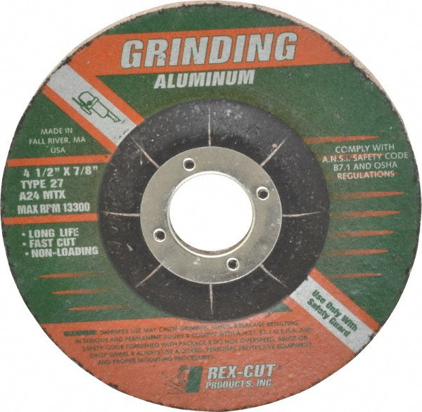 Rex Cut Abrasives 245051 Depressed-Center Wheel Type 27, 4-1/2" Dia, 1/4" Thick, 7/8" Hole, Aluminum Oxide