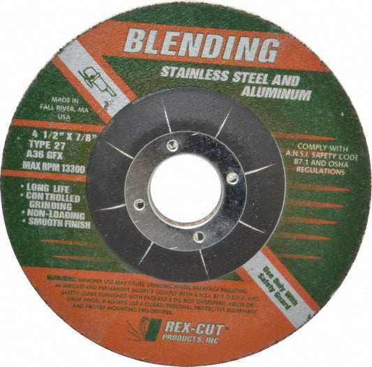 Rex Cut Abrasives 245042 Depressed Grinding Wheel  Type 27,  4-1/2" Dia,  1/4" Thick,  7/8" Hole,  Aluminum Oxide