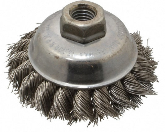 Weiler 94697 Cup Brush 3-1/2" Dia, 0.023" Wire Dia, Stainless Steel, Knotted
