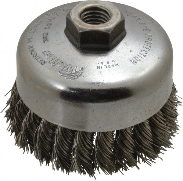 Weiler 94700 Cup Brush 4" Dia, 0.0230" Wire Dia, Stainless Steel, Knotted