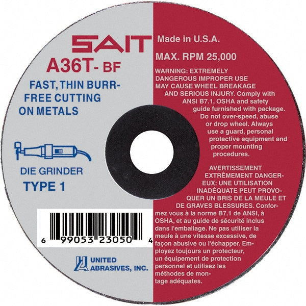 Sait 23069 Cutoff Wheel Type 1 (01/41), 4" Dia, 0.0350" Thick, 3/8" Hole, Aluminum Oxide