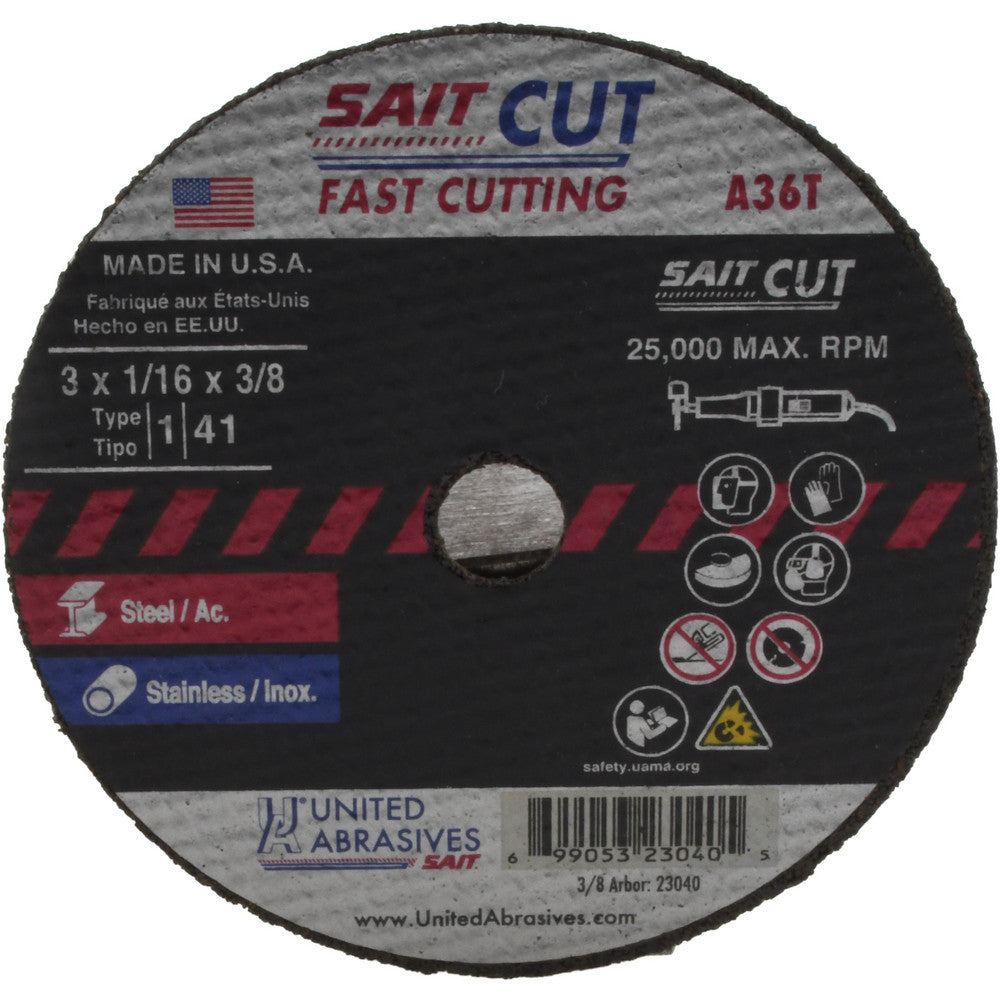 Sait 23040 Cutoff Wheel Type 1 (01/41), 3" Dia, 1/16" Thick, 3/8" Hole, Aluminum Oxide