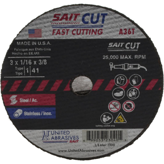 Sait 23040 Cutoff Wheel Type 1 (01/41), 3" Dia, 1/16" Thick, 3/8" Hole, Aluminum Oxide