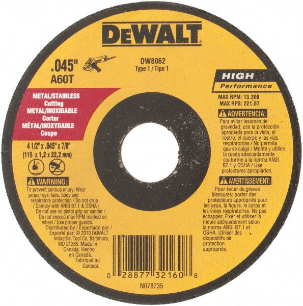 DeWALT DW8062 Cut-Off Wheel  Type 1 (01/41),  4-1/2" Dia,  Aluminum Oxide