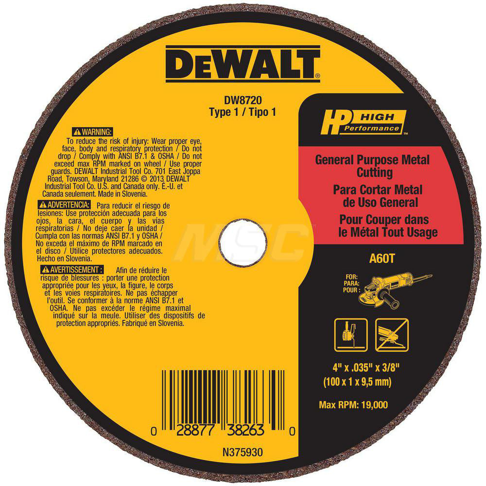 DeWALT DW8720 Cut-Off Wheel  Type 1 (01/41),  4" Dia,  Aluminum Oxide
