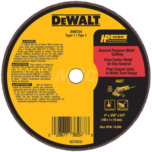 DeWALT DW8724 Cut-Off Wheel  Type 1 (01/41),  4" Dia,  Aluminum Oxide