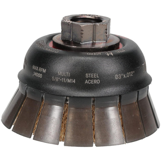 JAZ USA 73900 Cup Brush 3" Dia, 0.012" Wire Dia, Steel, Crimped