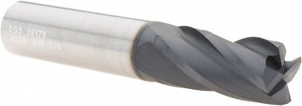 Kyocera SGS Precision Tools 38179 Corner Radius End Mill 5/8" Dia, 1-1/4" LOC, 0.0150" Radius, 4 Flute, Solid Carbide