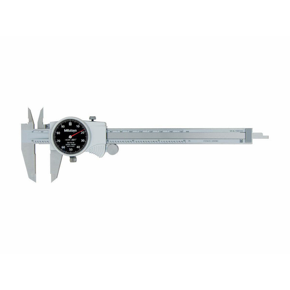 Mitutoyo 505-743JCAL Dial Caliper 8", 0.001000" Graduation, 1" per Revolution, 0.1000" Accuracy, Calibrated