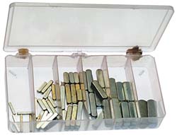 Precision Brand Products 12955 Key & Keyway Assortments Type Key Stock Assortment Assortment Type Key Stock Assortment Number of Pieces 58 58.0 Finish Zinc-Plated Size 1/8X1/8X3/4 - 1/2X1/2X1-1/2 Maximum Size 1/2 x 1/2 x 1-1/2 Material Steel Contents 1/4x1/4x1-1/2 1/4