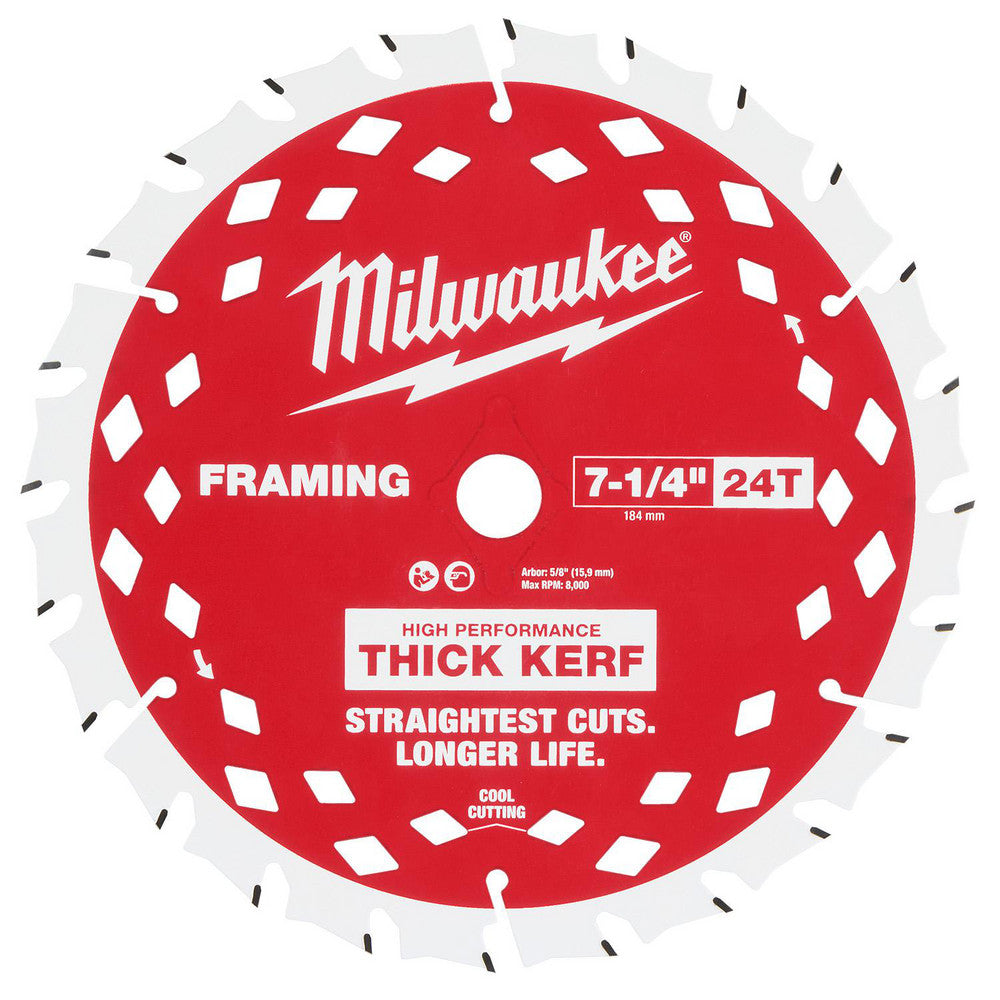 Milwaukee Tool 48-40-0740 Wet & Dry-Cut Saw Blades Blade Diameter (Inch) 7-1/4  Blade Material Carbide Tipped  Blade Thickness (Decimal Inch) 0.3850  Arbor Hole Diameter (Inch) 5/8  Number of Teeth 24  Arbor Style Round with Diamond Knockout