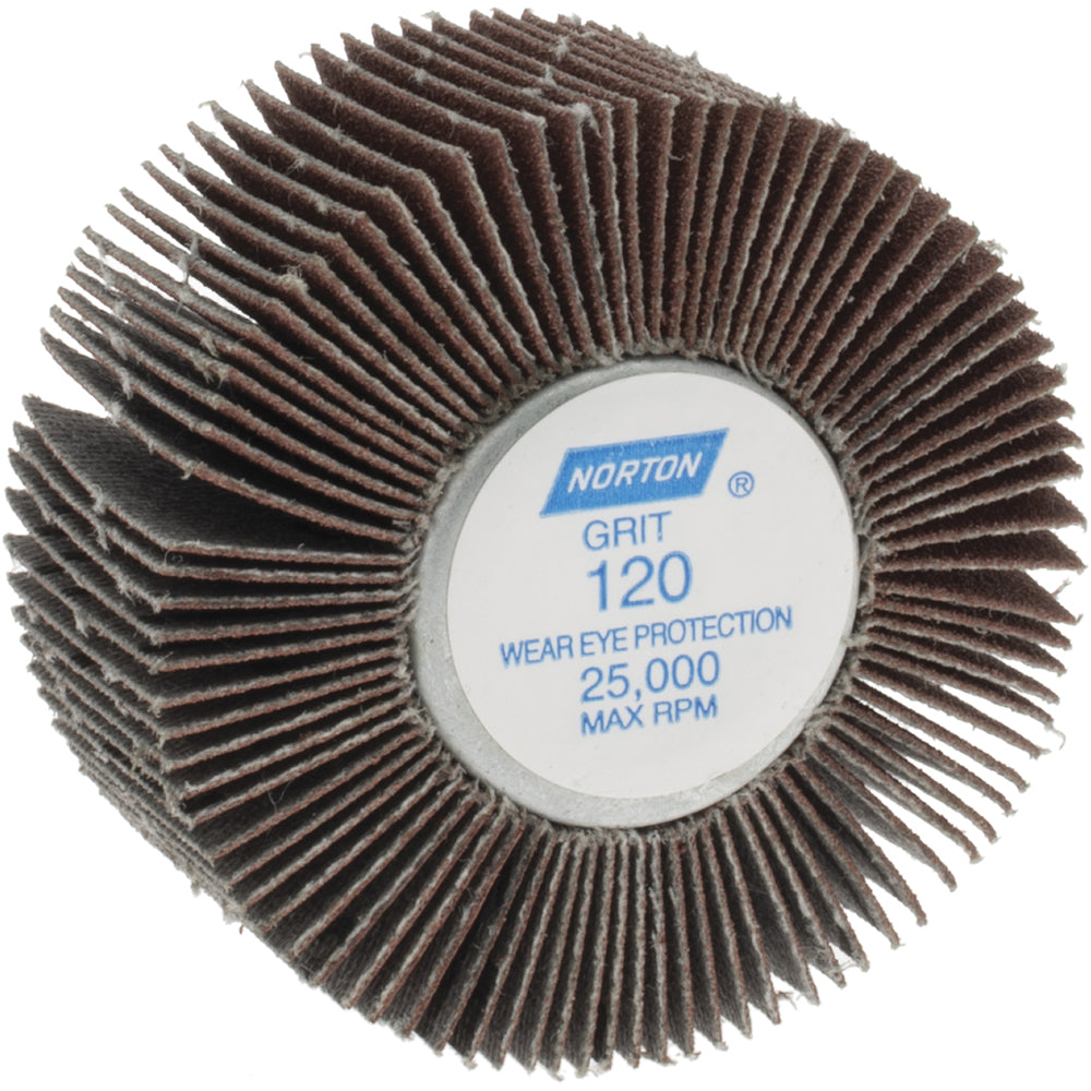 Norton 63642502648 Mounted Flap Wheel 2" Dia, 1" Face Width, 120 Grit, Aluminum Oxide