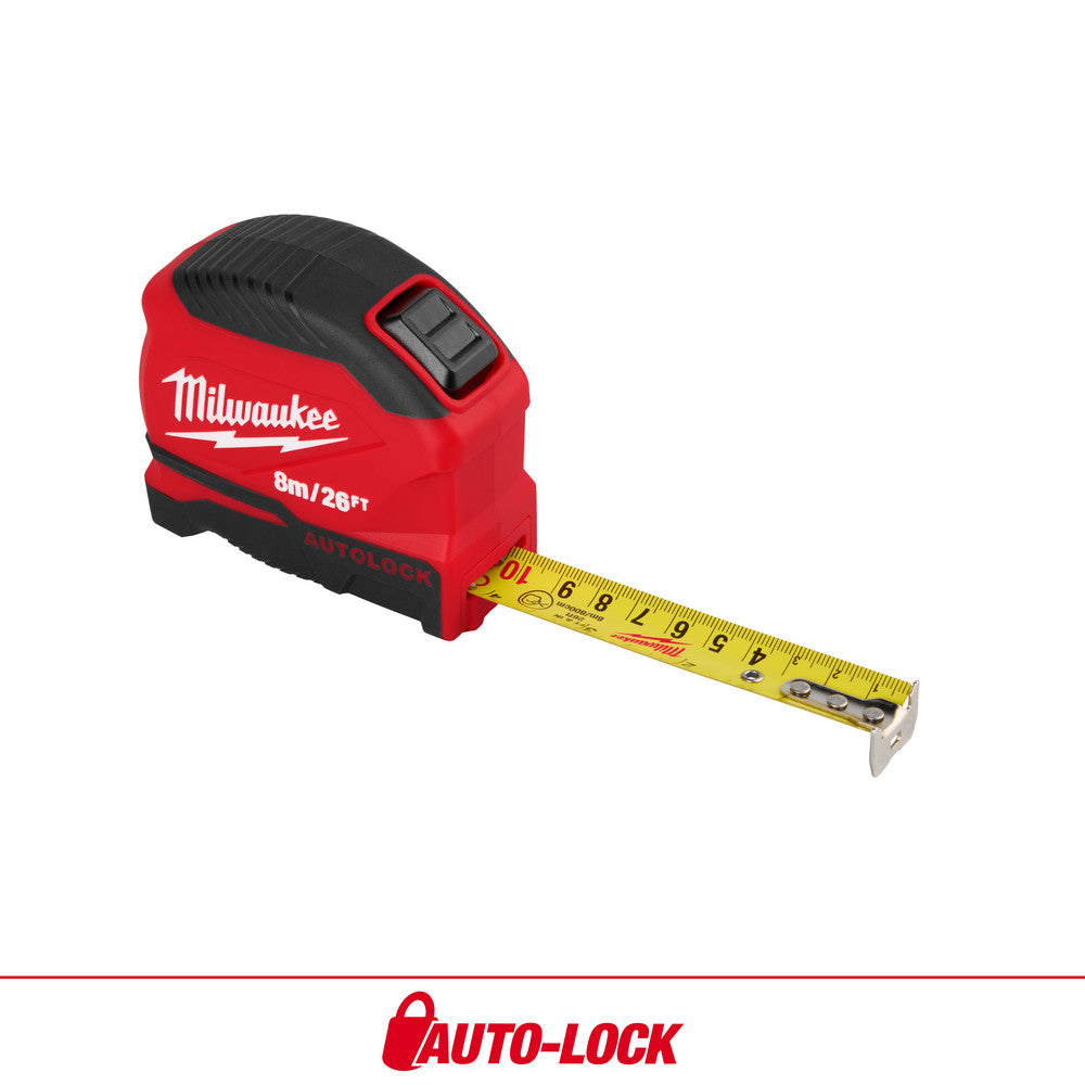 Milwaukee Tool 48-22-1826 Tape Measures Length Ft. 26.000  Graduation (Inch) 1/16  Blade Material Steel  Standout Length (Feet) 9.00  Case Type Closed  Rewind Type Automatic