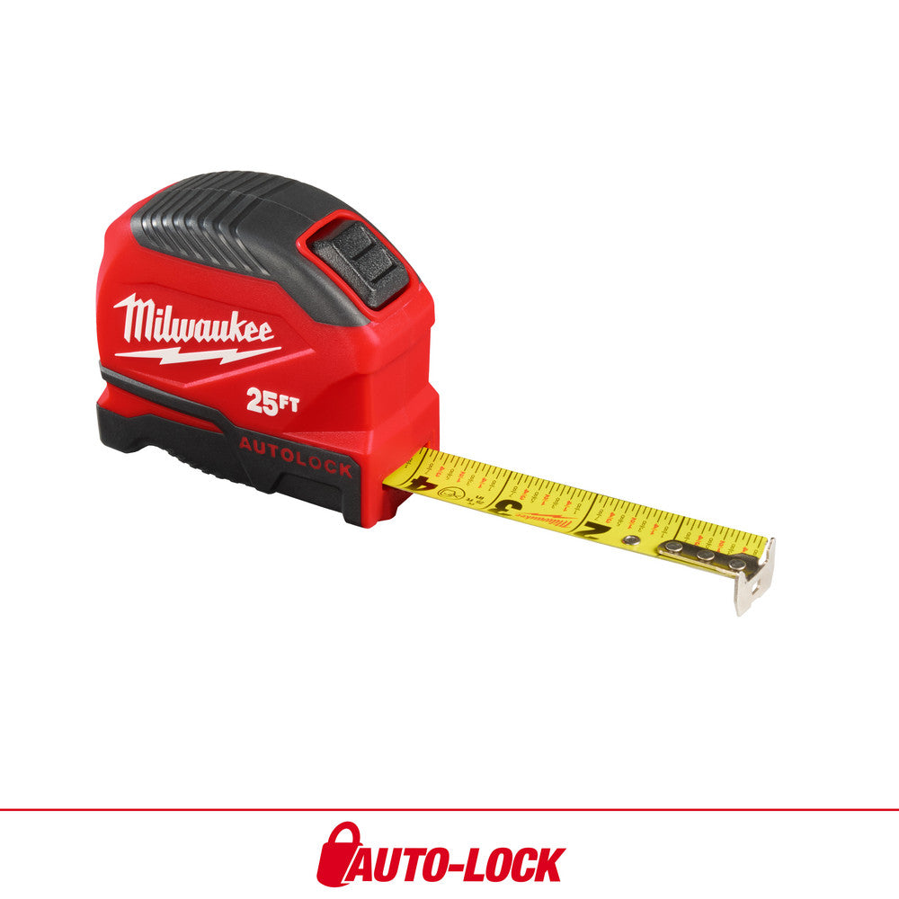 Milwaukee Tool 48-22-1825 Tape Measures Length Ft. 25.000  Graduation (Inch) 1/16  Blade Material Steel  Standout Length (Feet) 9.00  Case Type Closed  Rewind Type Automatic