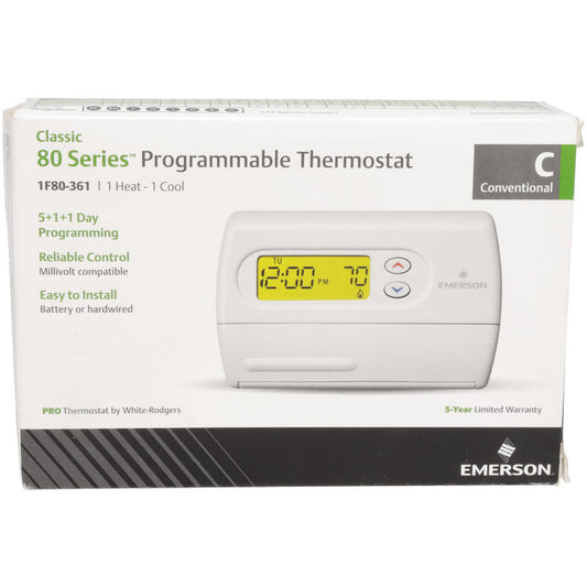 White-Rodgers 1F80-361 45 to 90&degF, 1 Heat, 1 Cool, Standard Digital 5+1+1 Programmable Single Stage Thermostat