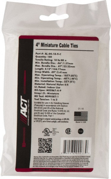 ADVANCED CABLE TIES INC. AL-04-18-9 -C Cable Tie Duty 4.125" Long, Natural, Nylon, Standard