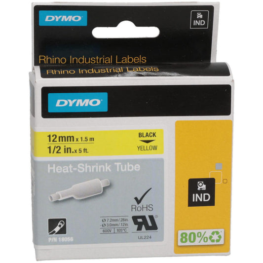 Dymo 18056 Label Maker Label Yellow, Heat Shrinkable Polyolefin, 60" OAL, 1/2" OAW