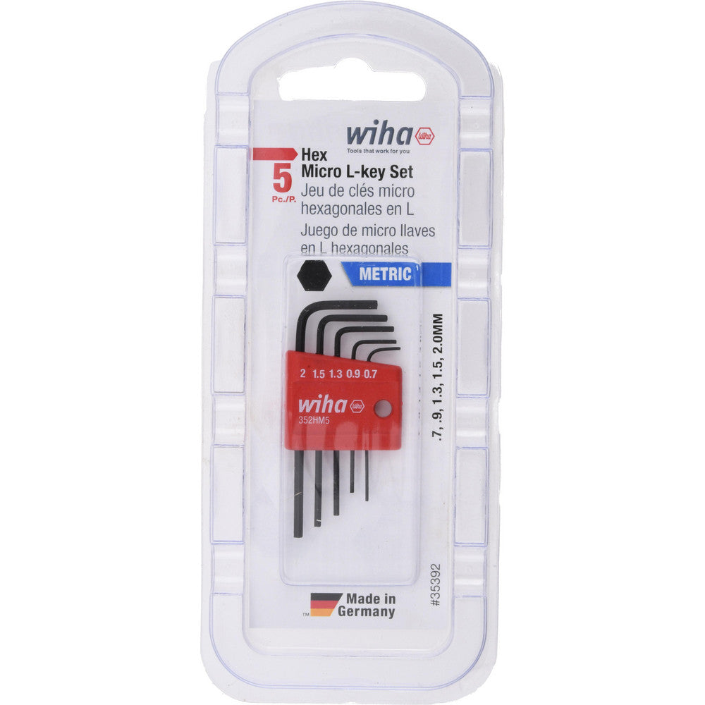 Wiha 35392 Hex Key Sets Tool Type Hex End Keys  Handle Type L-Handle  Measurement Type Metric  Hex Size 0.7 mm 0.9 mm 1.3 mm 1.5 mm 2 mm  Hex Size Range (mm) 0.7 -  2  Container Type Plastic Holder