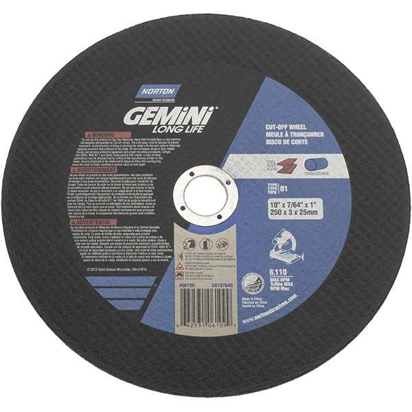Norton 66253106109 Cut-Off Wheel 10" Dia, 7/64" Thick, 1" Hole, Aluminum Oxide