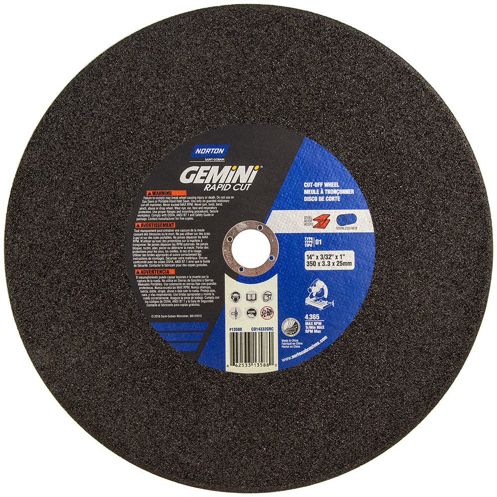 Norton 66253313588 Cut-Off Wheel 14" Dia, 3/32" Thick, 1" Hole, Aluminum Oxide