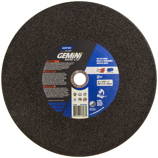 Norton 66253313588 Cut-Off Wheel 14" Dia, 3/32" Thick, 1" Hole, Aluminum Oxide