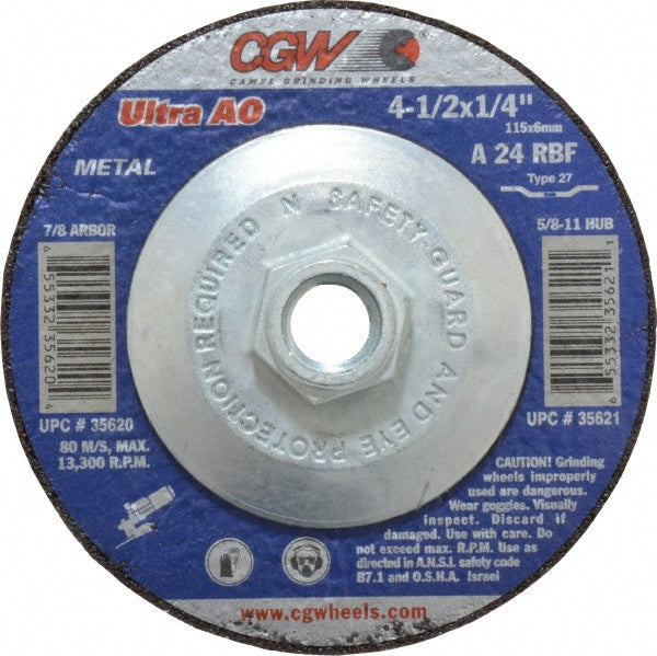 CGW Abrasives 35621 Depressed Center Wheel Type 27, 4-1/2" Dia, Aluminum Oxide