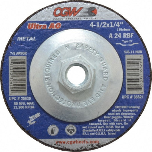 CGW Abrasives 35621 Depressed Center Wheel Type 27, 4-1/2" Dia, Aluminum Oxide