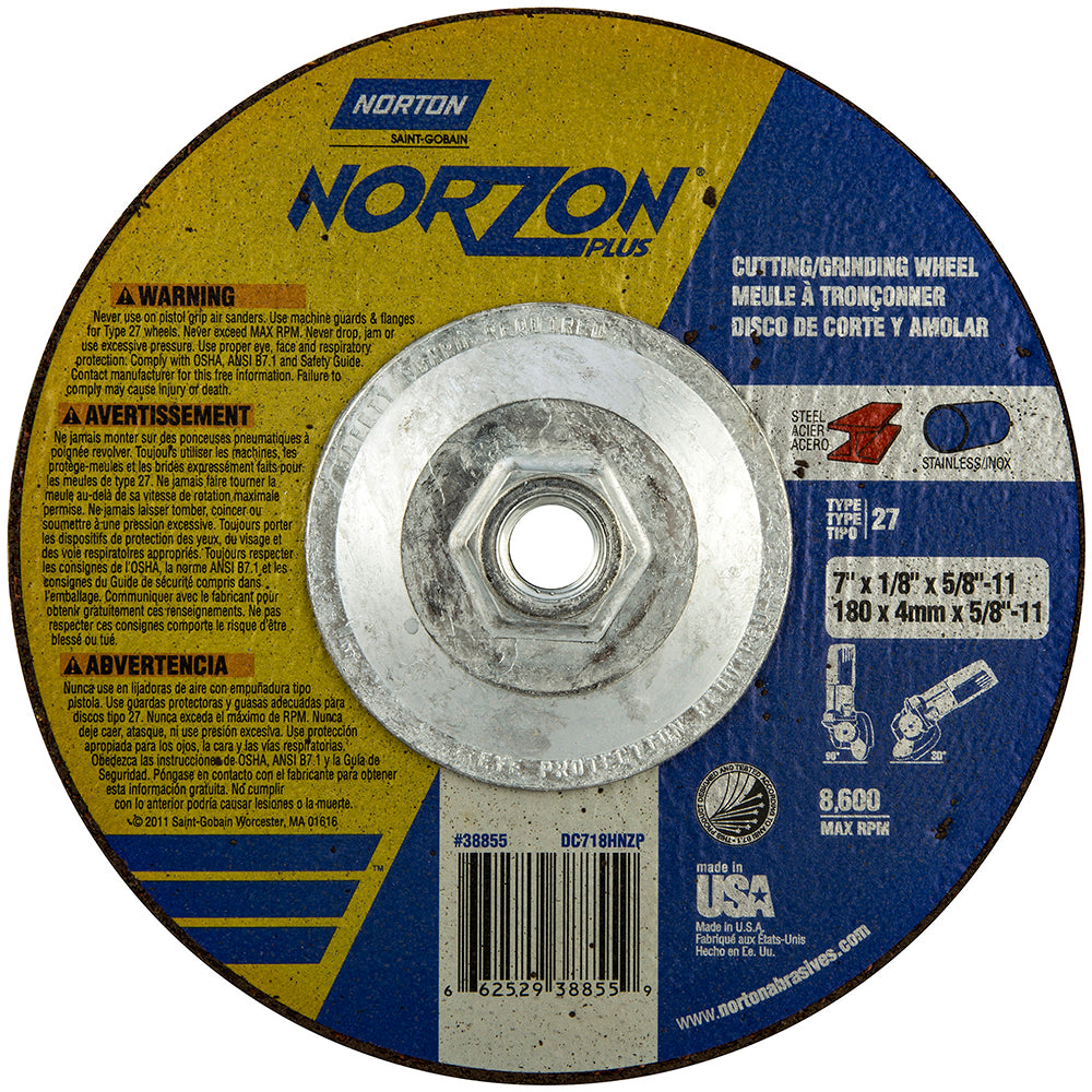 Norton 66252938855 Depressed Center Wheel Type 27, 7" Dia, Ceramic