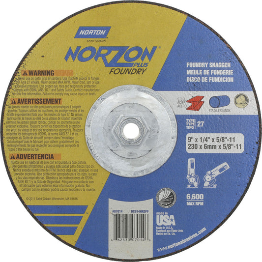 Norton 66253048897 Depressed Center Wheel Type 27, 9" Dia, Ceramic
